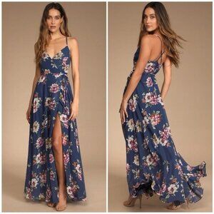 Lulus Always There For Me Navy Blue Floral Print Wrap Maxi Dress Size XS